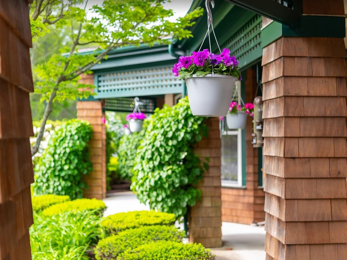 A charming house exterior with lush greenery, vibrant hanging flowers, and well-maintained shrubs.