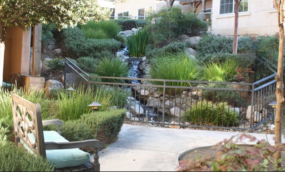 A tranquil garden with a small waterfall surrounded by lush greenery.