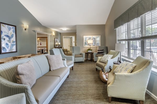 A cozy living room with elegant sofas, chairs, and large windows letting in natural light.