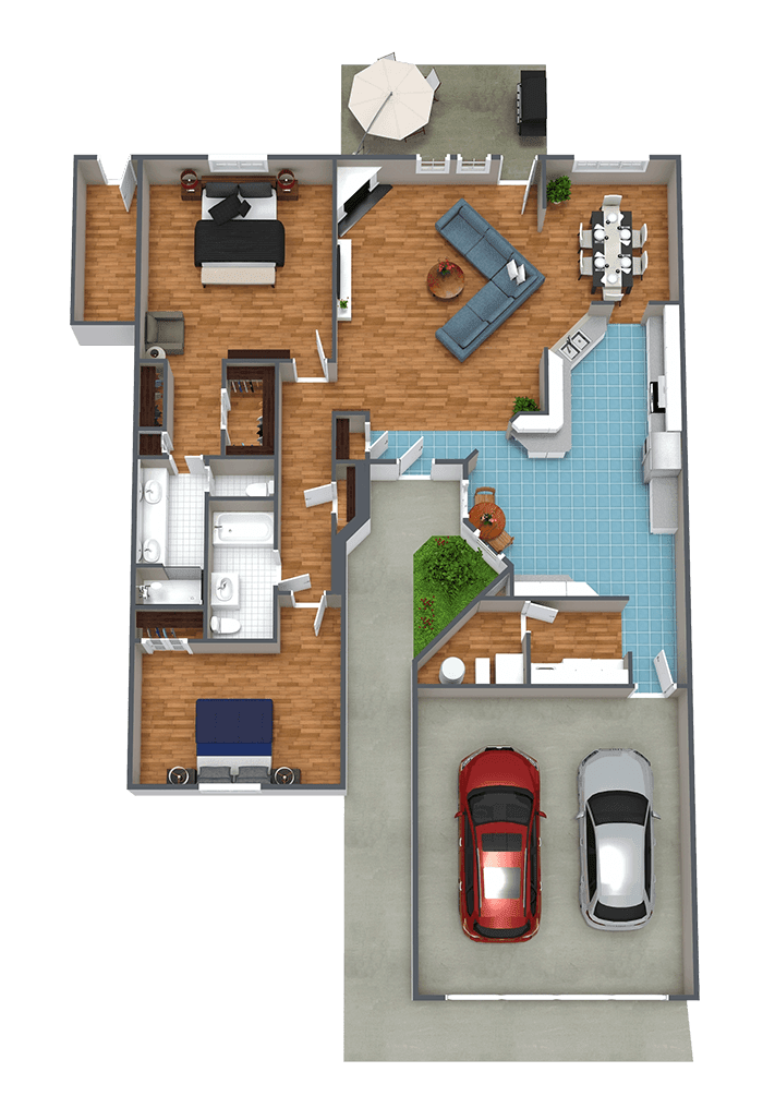 A 3D floor plan of a house showing various rooms and amenities, including a living room, bedrooms, kitchen, and a garage with two cars.