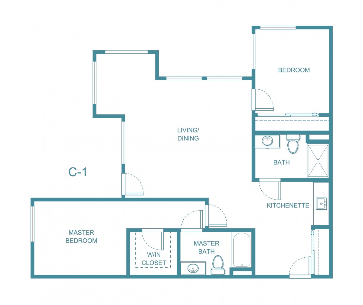 A floor plan showing a layout for an apartment with two bedrooms, a kitchen, and living area.