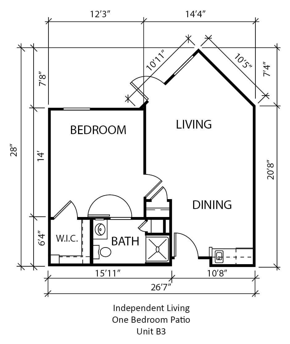 A floor plan showing the layout of a one-bedroom apartment with living and dining areas.