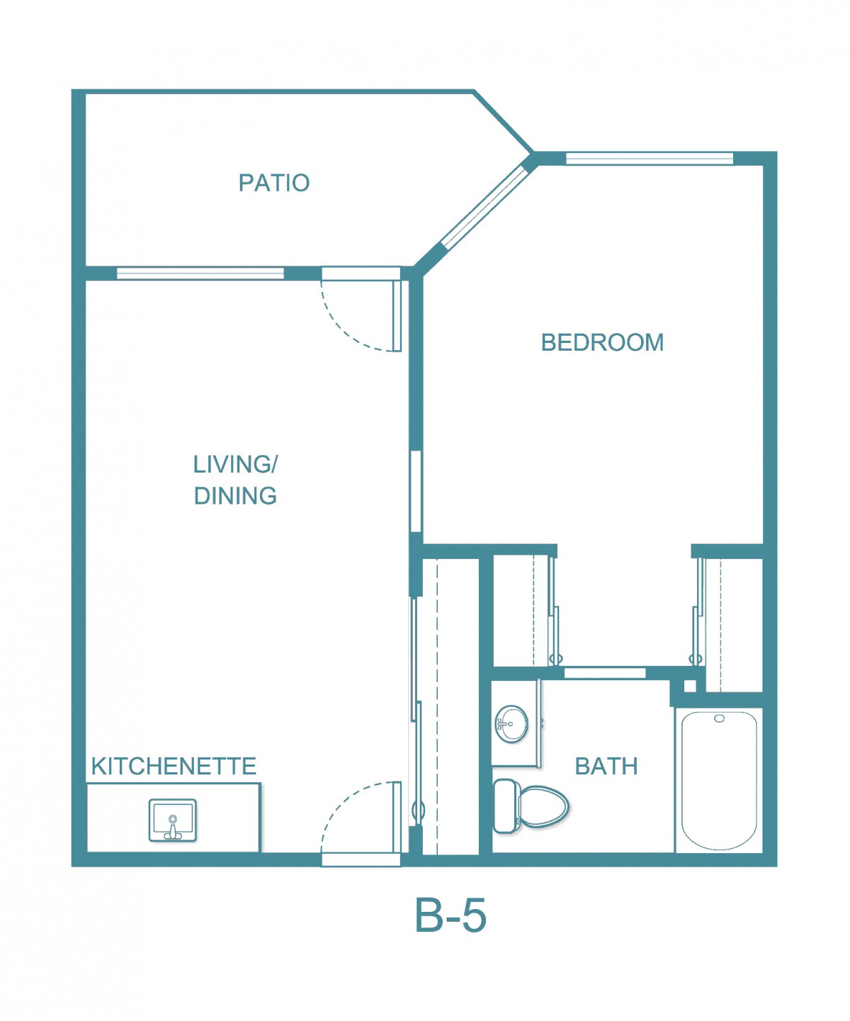 A blueprint of a one-bedroom apartment featuring a living/dining area, kitchenette, bath, and patio.