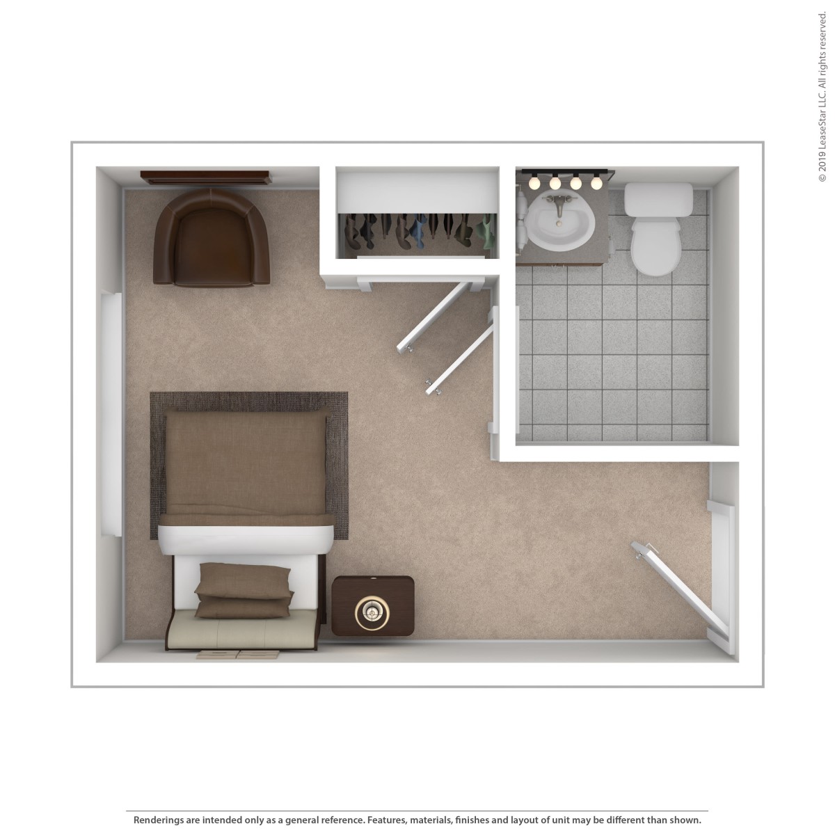 A compact floor plan featuring a small bedroom and bathroom, showcasing an efficient use of space.