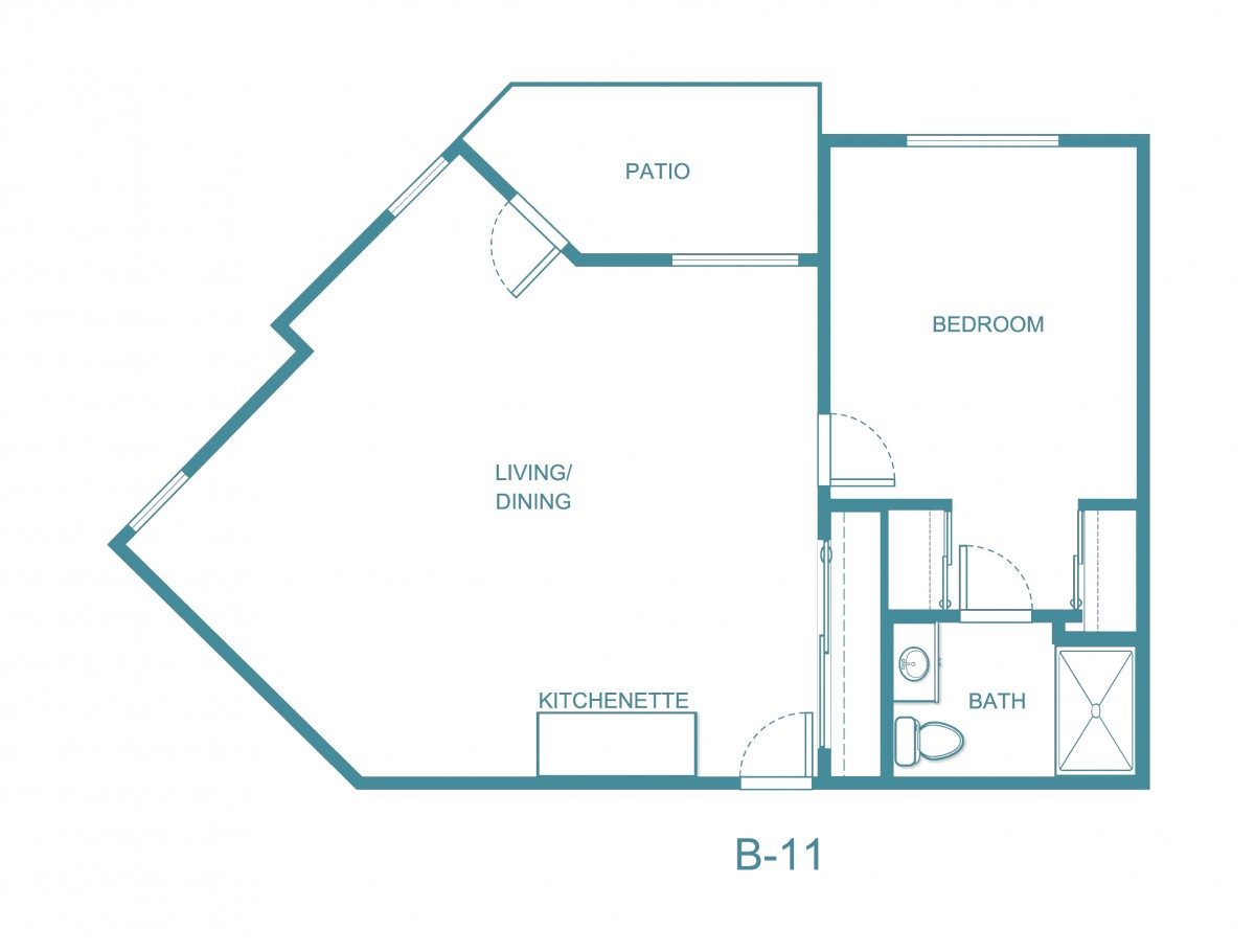 A basic floor plan of an apartment featuring a patio, living/dining area, kitchen, bedroom, and bathroom.