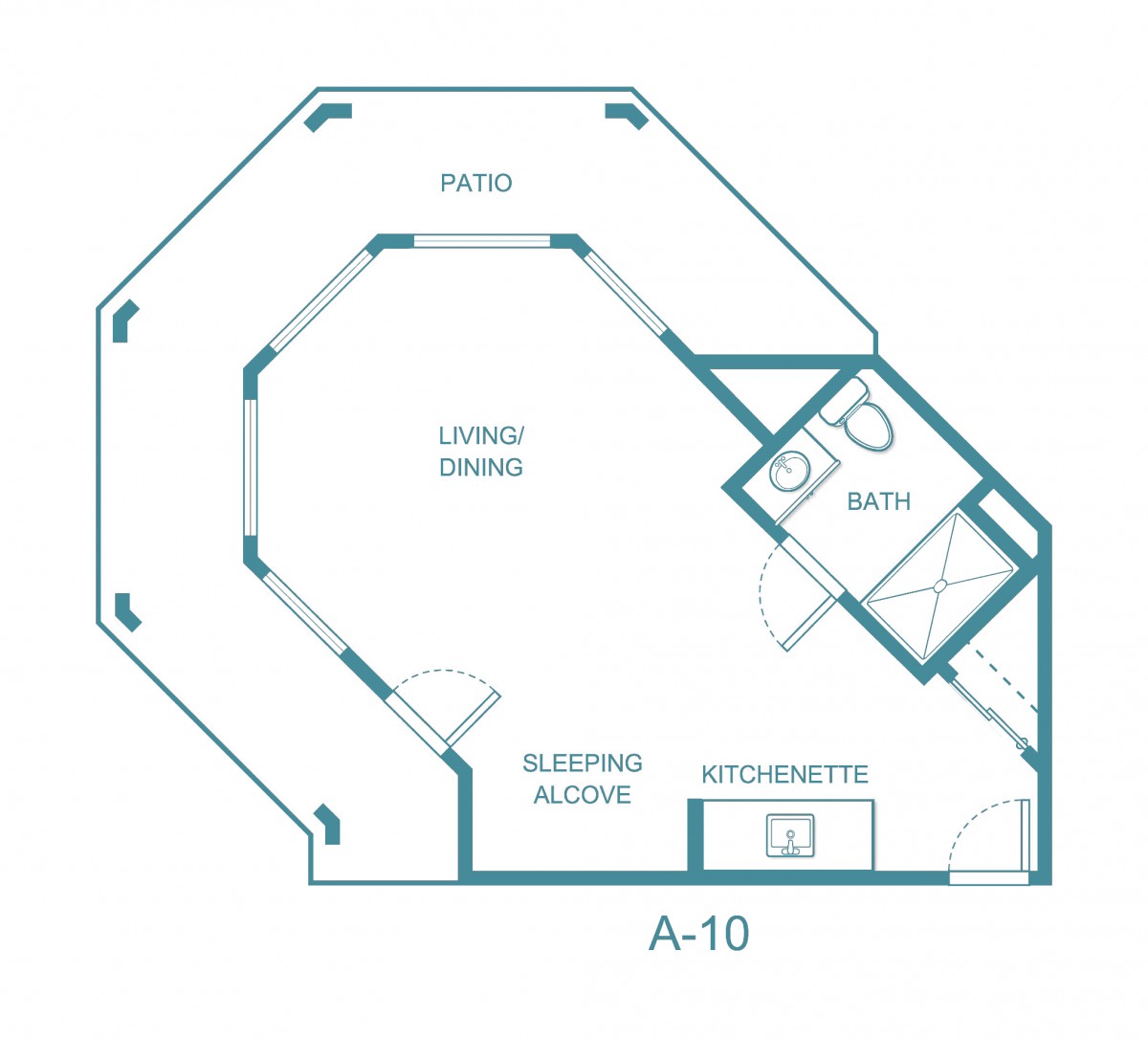 A floor plan of a studio apartment featuring a living/dining area, a sleeping alcove, kitchenette, and bath.