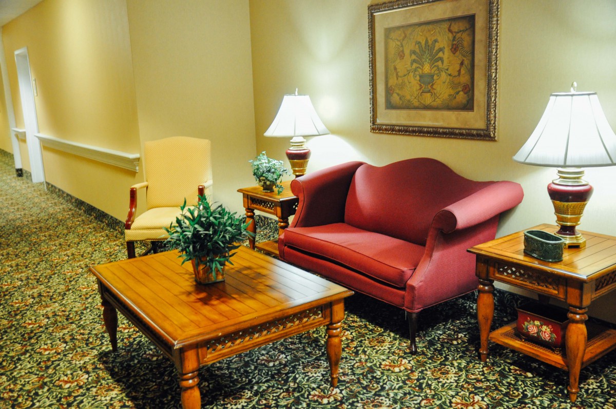 A cozy living room setup featuring a red sofa, chairs, and wooden tables with decorative plants and a lamp.