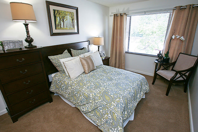 A cozy bedroom with a neatly made bed, bedside lamps, and a large window providing natural light.