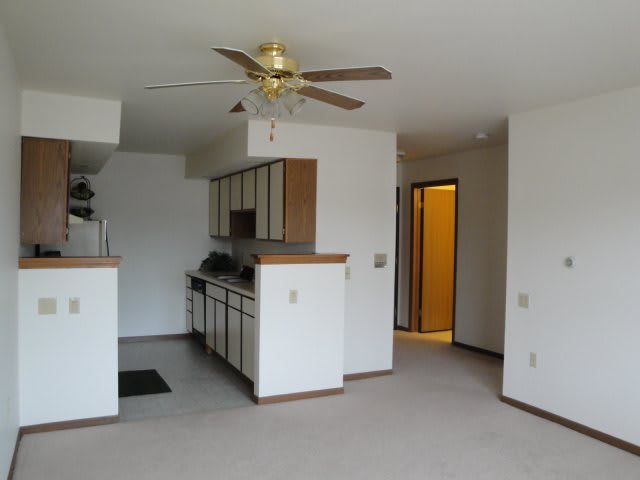 An empty apartment interior with a view of the kitchen and living room.