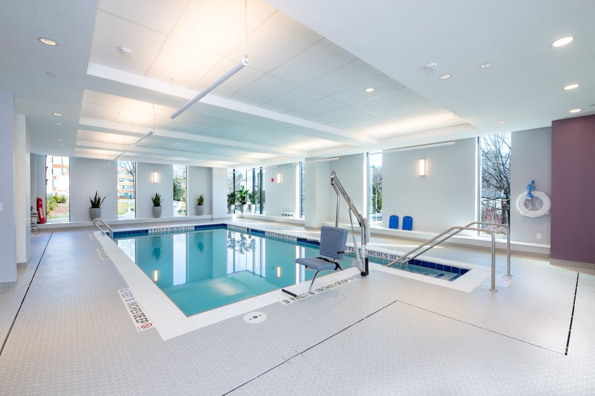 A modern indoor swimming pool with ample natural light, featuring plants and a seating area.