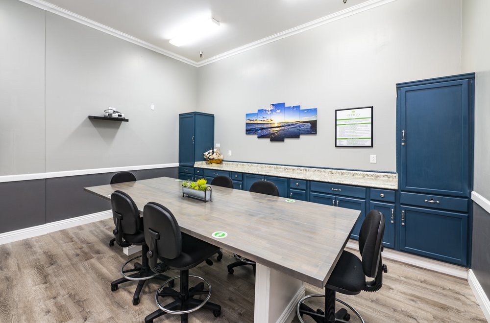 A modern conference room with a long table, several chairs, and cabinets along the wall.