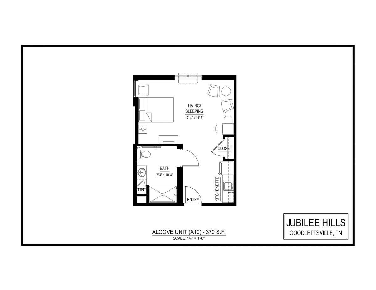 A floor plan of a studio apartment showcasing an efficient layout with designated areas for living, sleeping, and bathing.
