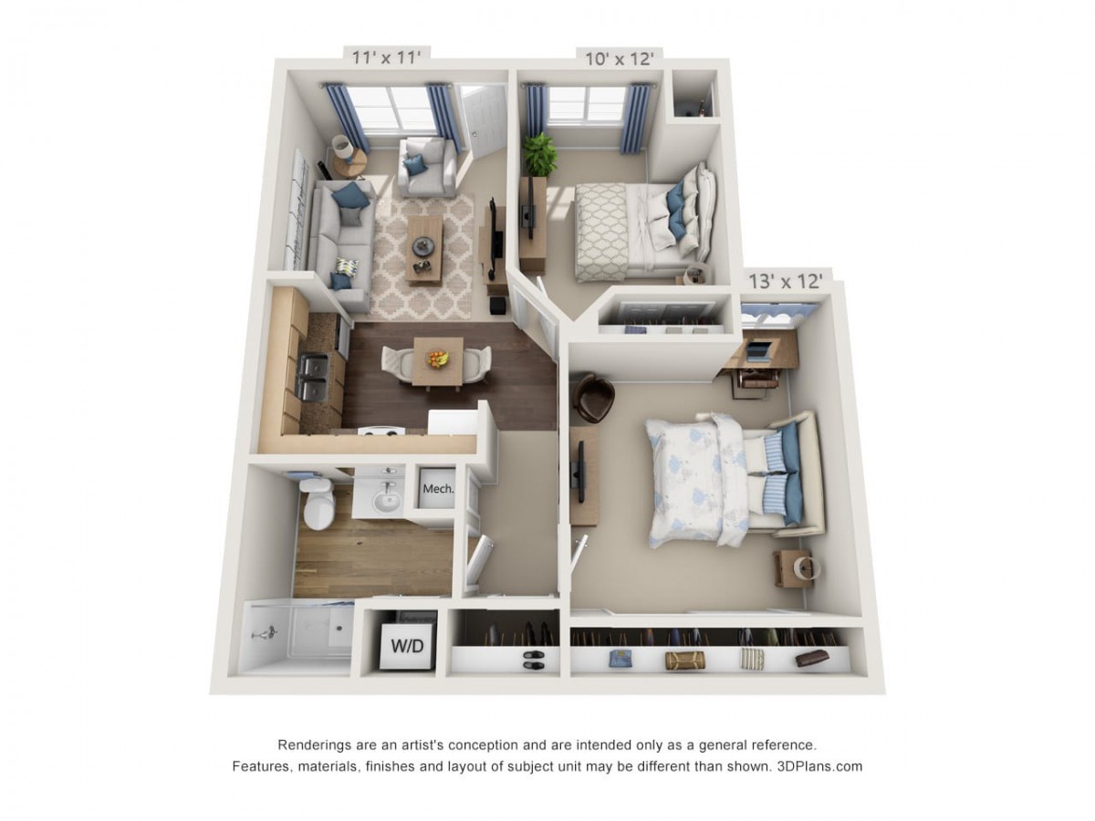 3D floor plan of a two-bedroom apartment.