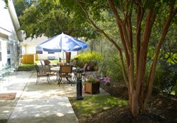 A serene garden patio with a table, chairs, and a large umbrella surrounded by trees.