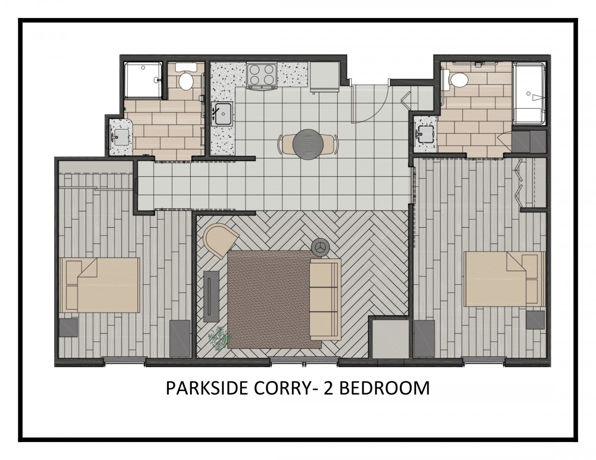 Floor plan of a two-bedroom apartment in Parkside Corry.