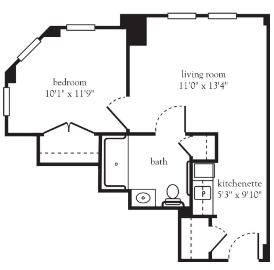 A floor plan of a one-bedroom apartment showing the layout and dimensions of the living room, kitchen, bedroom, and bathroom.