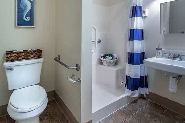 An accessible bathroom featuring a toilet with grab bars and a shower with a blue and white striped curtain.