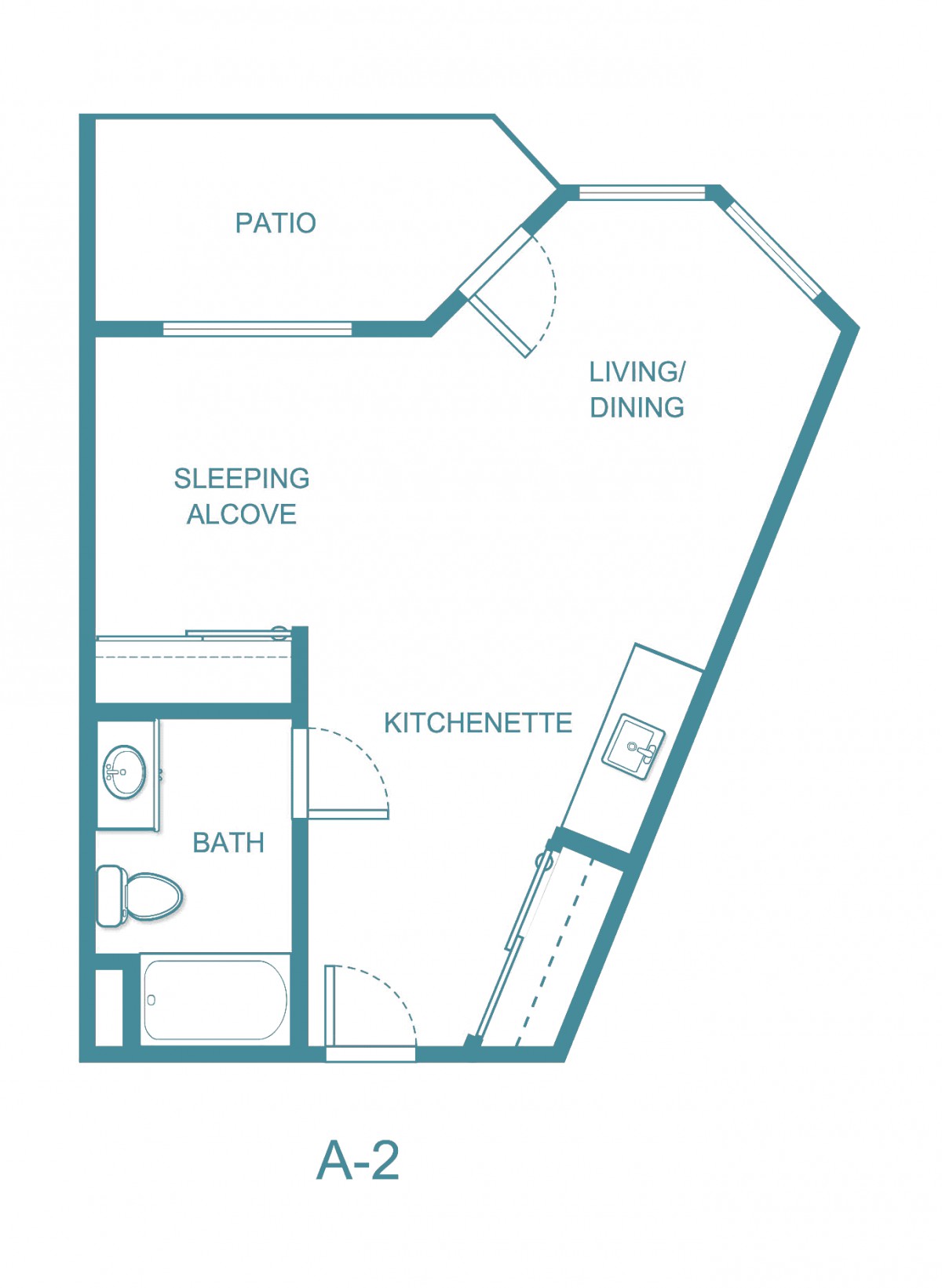 Floor plan of a studio apartment with a kitchenette, living/dining area, sleeping alcove, bath, and patio.