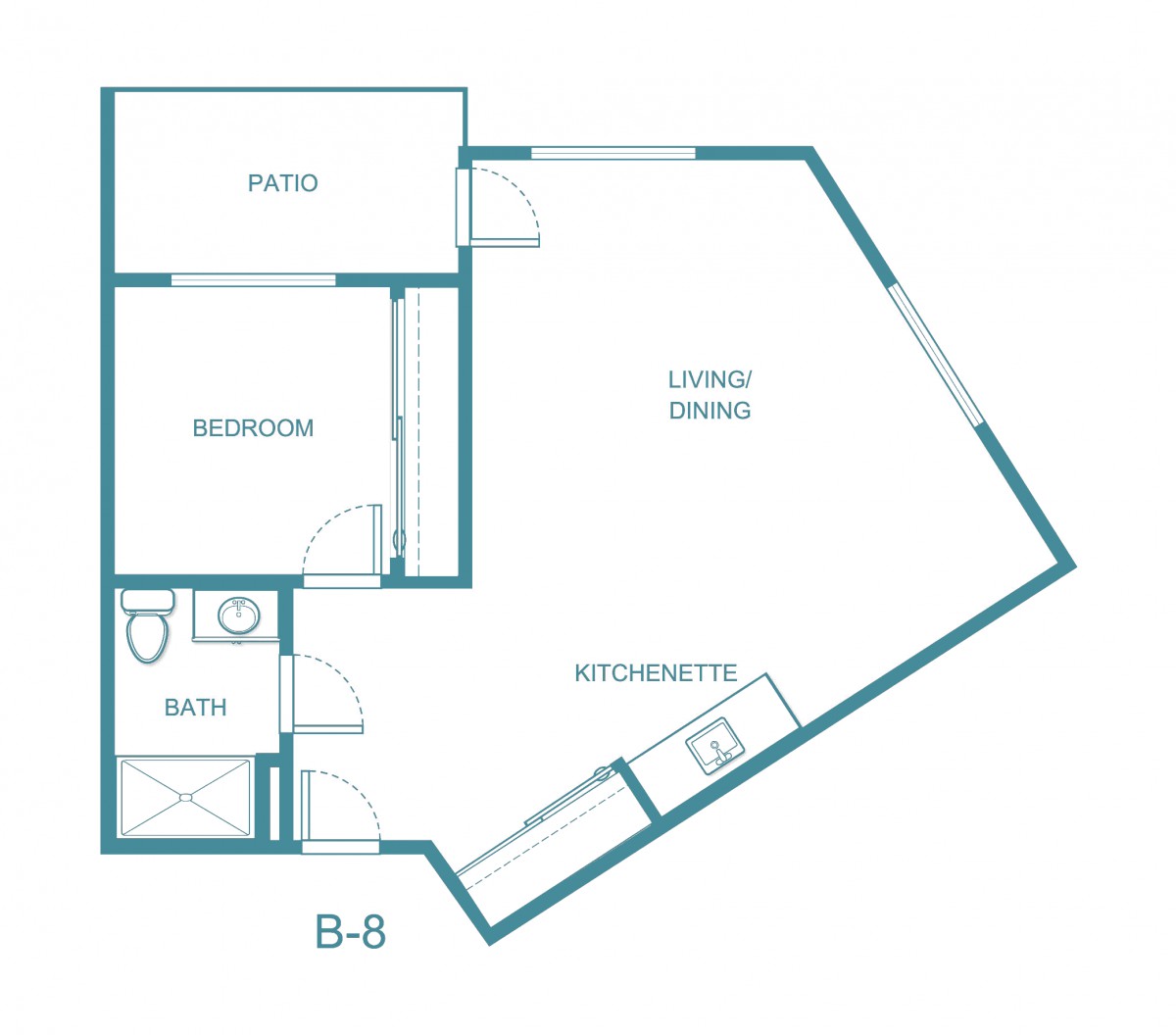 A floor plan of a one-bedroom apartment with a living room, kitchen, and bathroom.