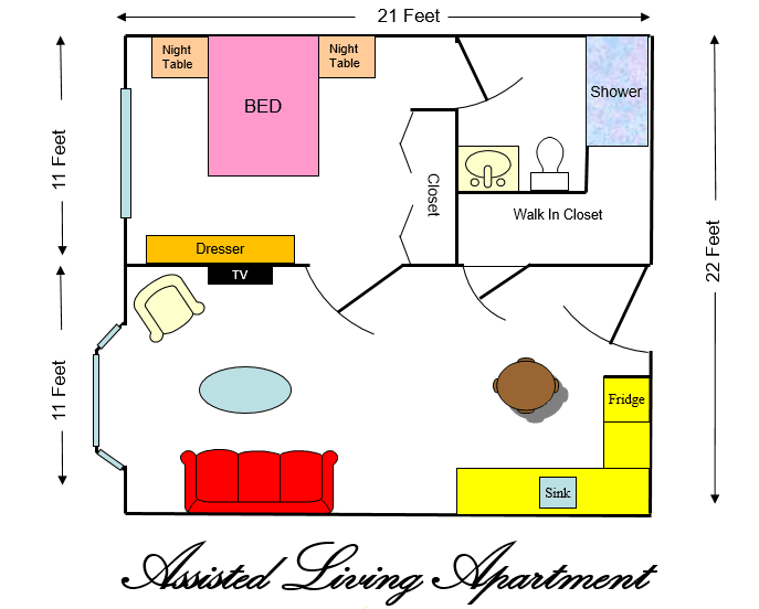 A floor plan of an assisted living apartment featuring a bedroom, living room, kitchen, and bathroom.