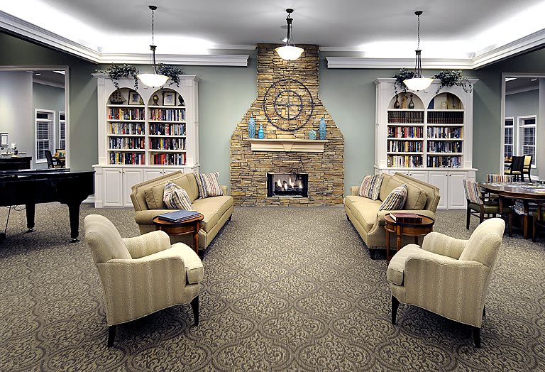 A cozy living room with a fireplace, surrounded by bookshelves and comfortable seating.