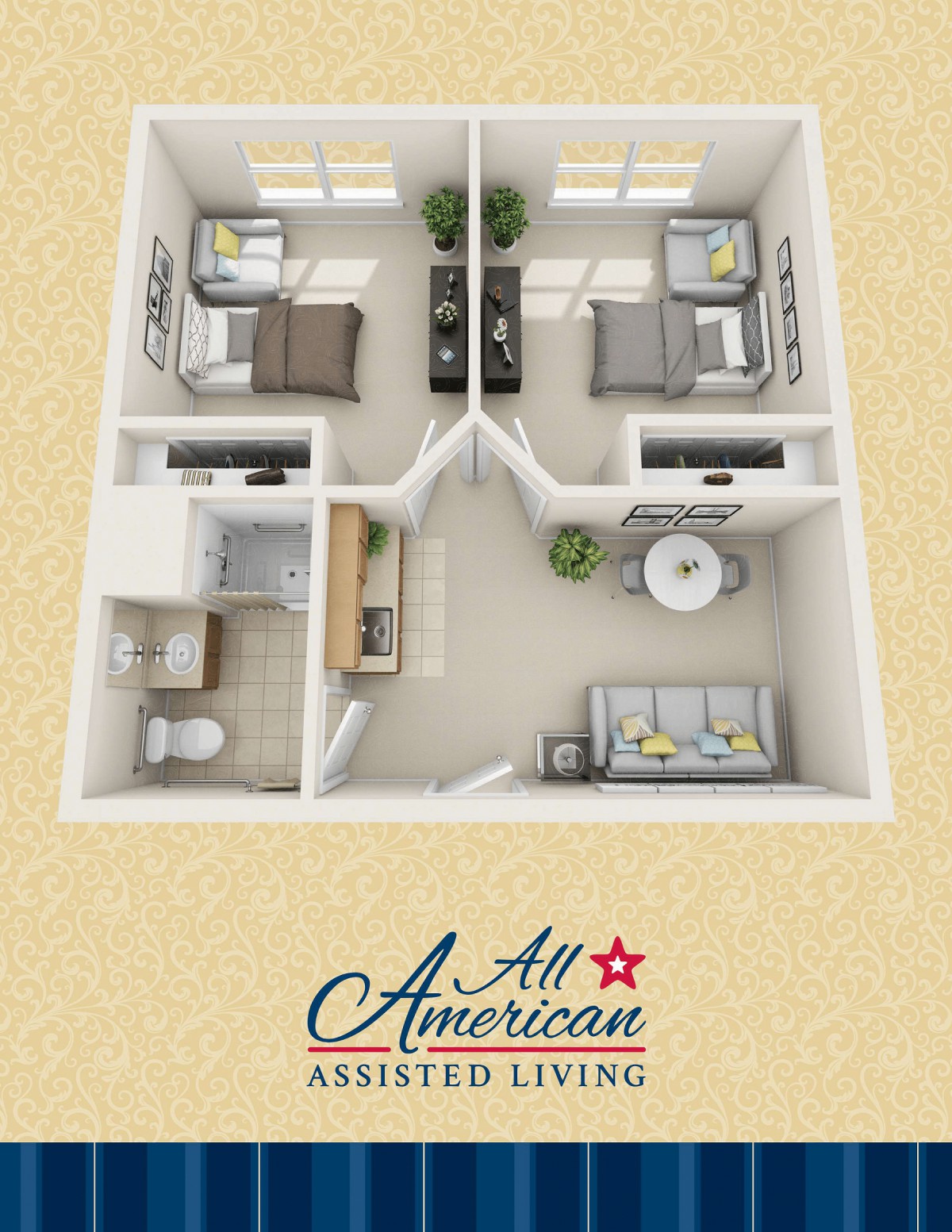 Floor plan of a two-bedroom assisted living apartment.
