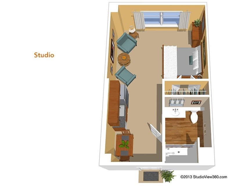 A detailed floor plan of a studio apartment showcasing the layout and furniture placement.