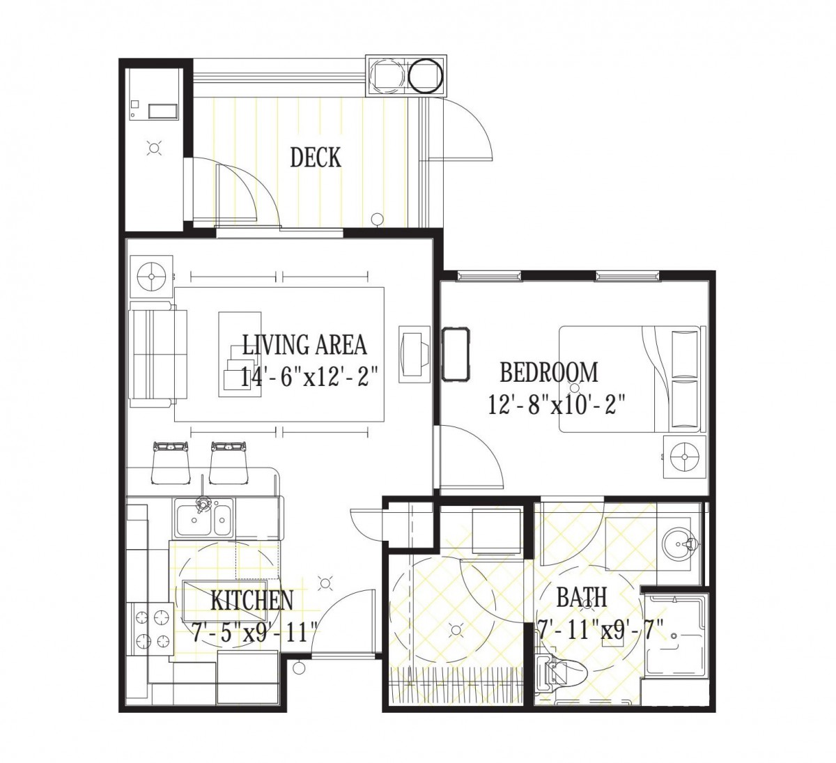 One-bedroom apartment floor plan with a living area, kitchen, bathroom, and deck.