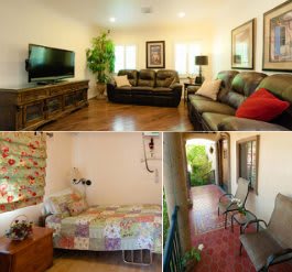 A cozy home interior featuring a stylish living room and a quaint bedroom with an adjoining patio.