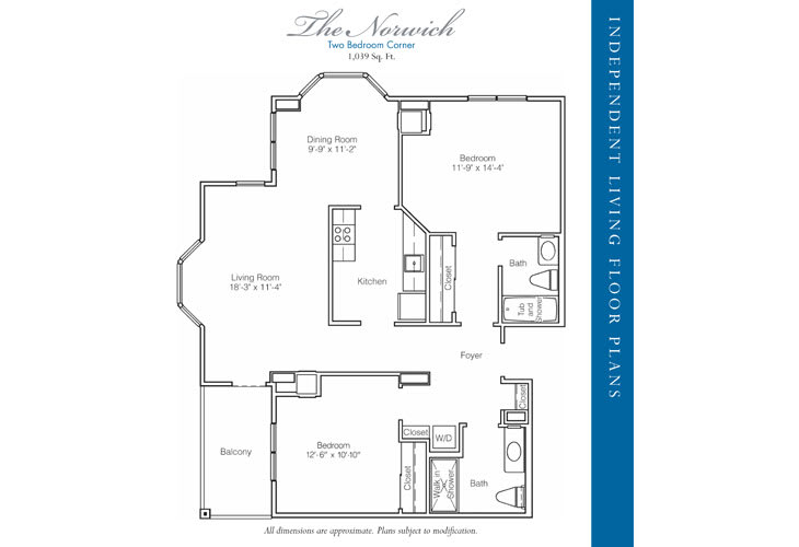 A labeled floor plan for a two-bedroom apartment, featuring a living room, kitchen, and bathrooms.