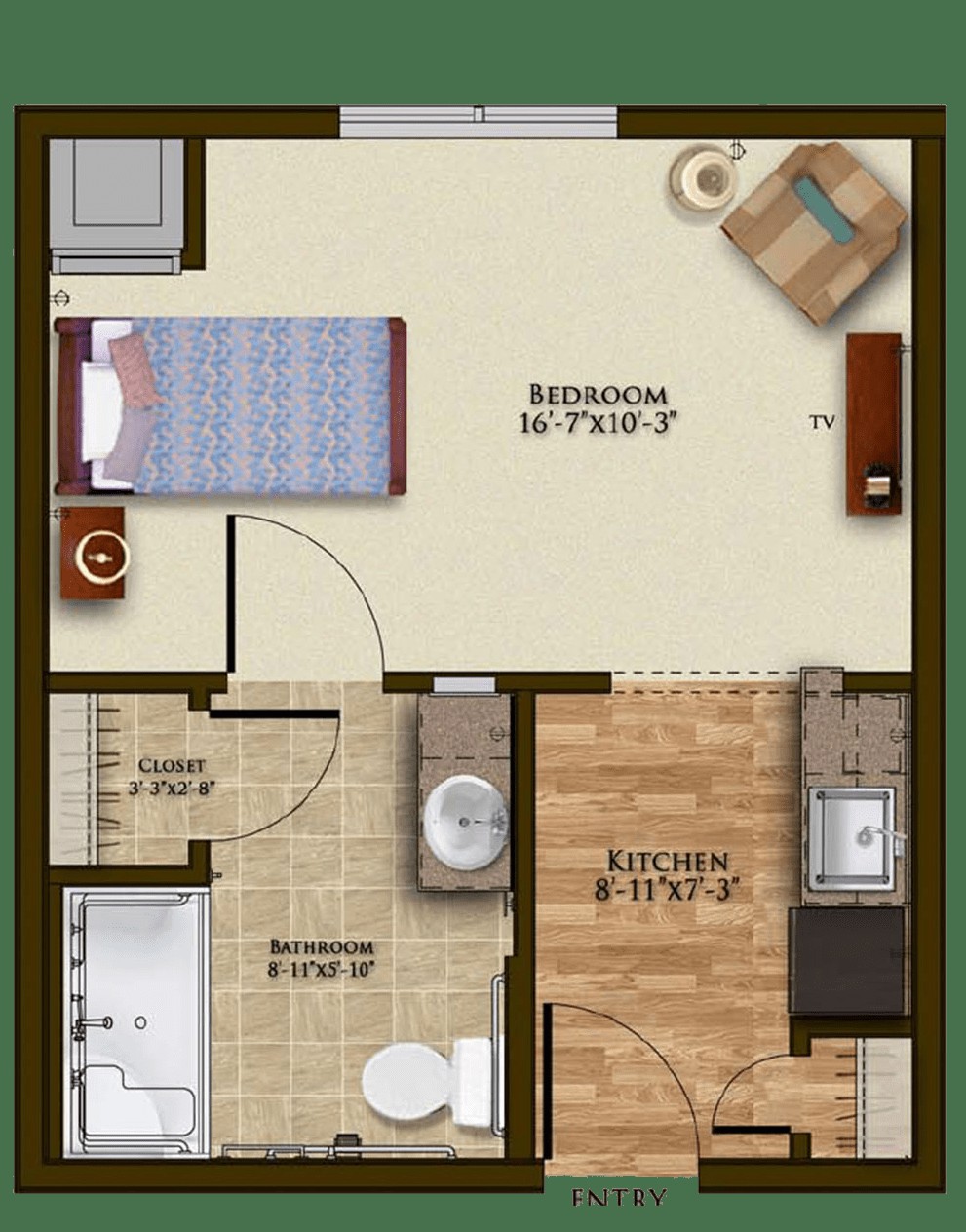 A floor plan of an apartment featuring a bedroom, kitchen, and bathroom.