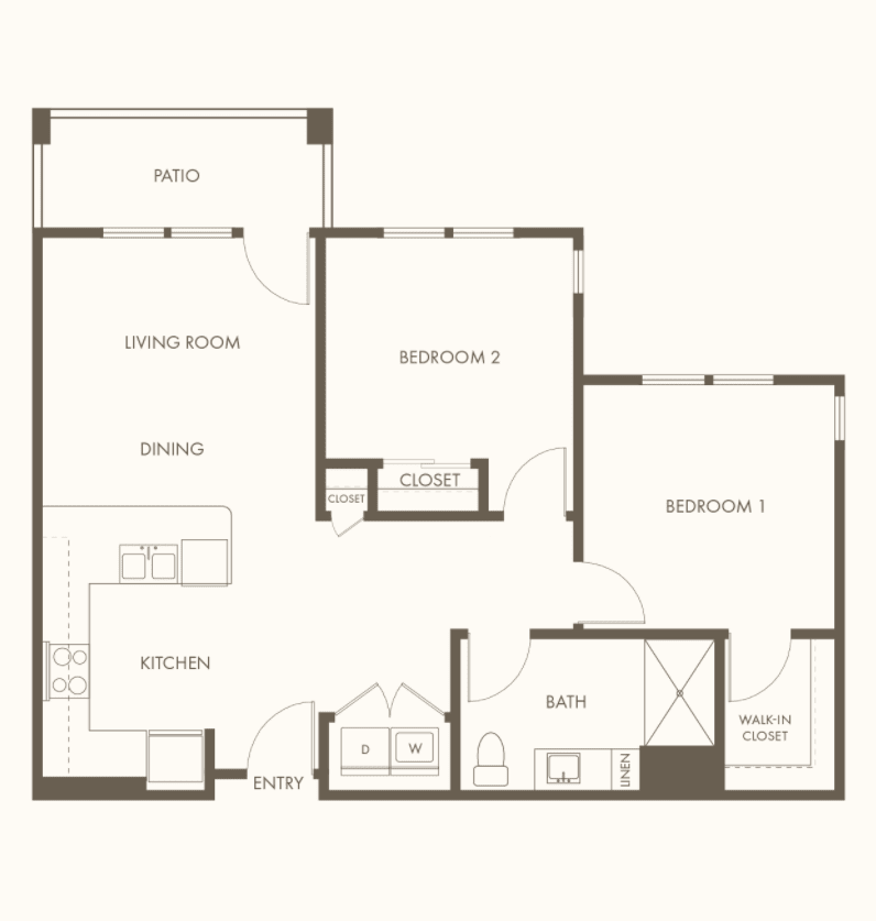 A detailed floor plan of a two-bedroom apartment featuring a living room, kitchen, and bathroom.