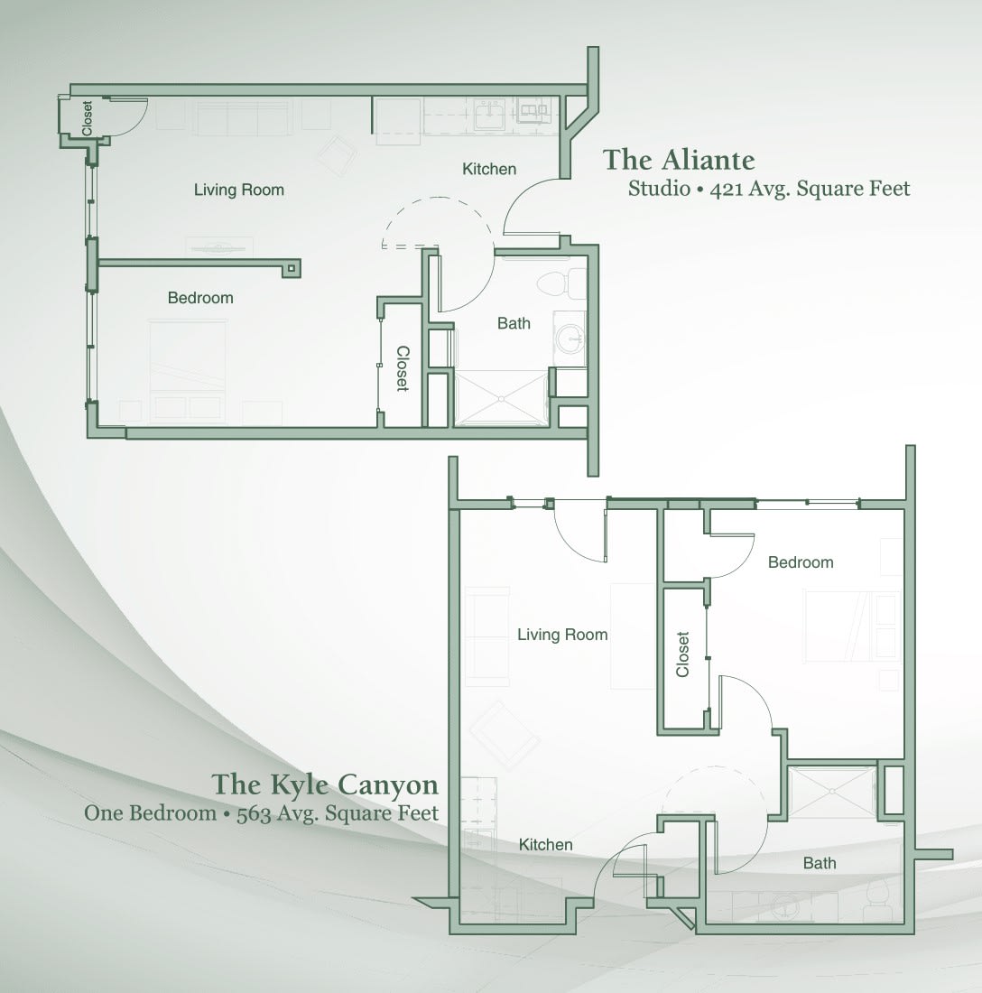 Floor plans of two apartment layouts, illustrating the arrangement of living areas, kitchens, bedrooms, and bathrooms.