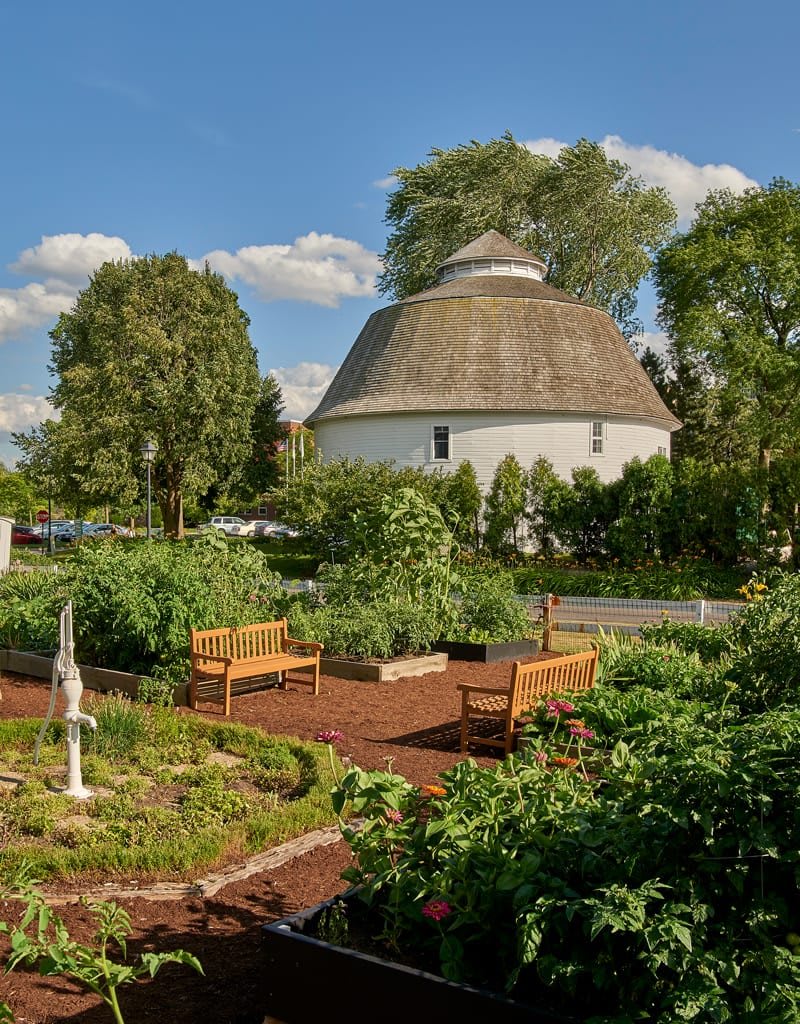 A tranquil garden with benches and a large domed building under a clear blue sky.