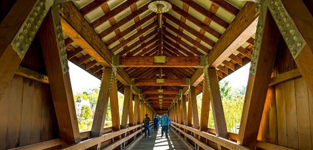 People walking across a wooden covered bridge.