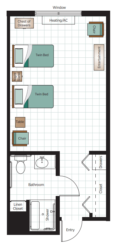 Floor plan of a bedroom with two twin beds and an attached bathroom.