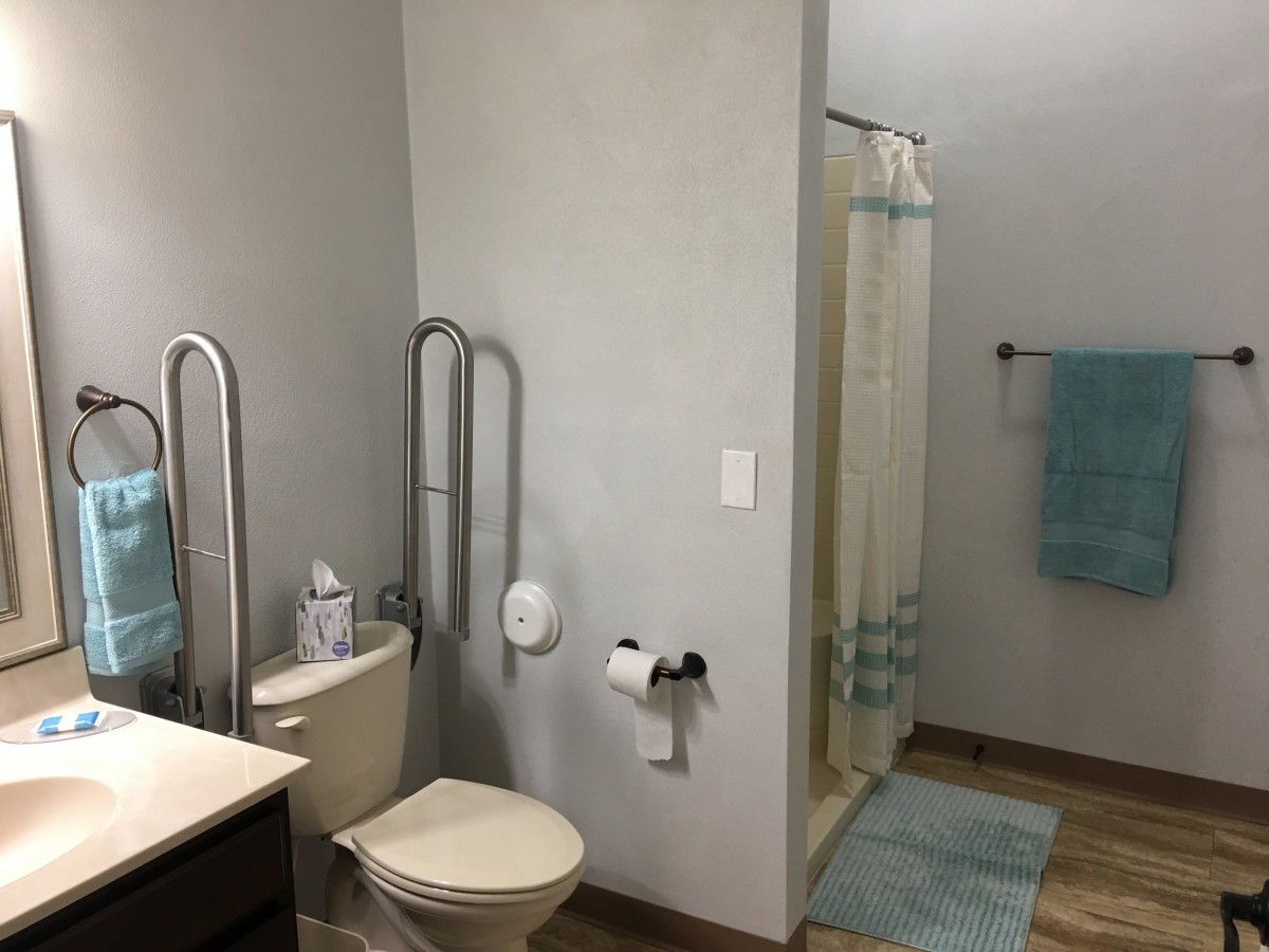 A modern bathroom with accessibility features including grab bars and a walk-in shower.