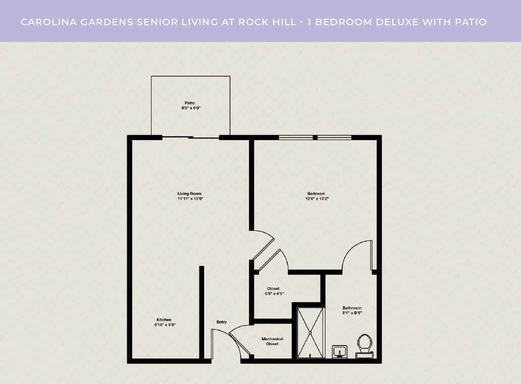 A floor plan of a 1-bedroom apartment featuring a living area, bathroom, and kitchen.