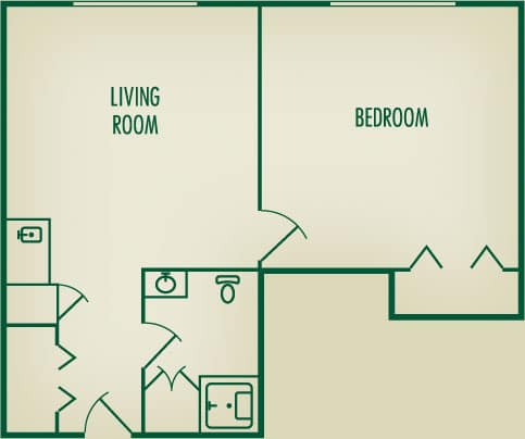 An apartment floor plan showing a living room, bedroom, and bathroom.