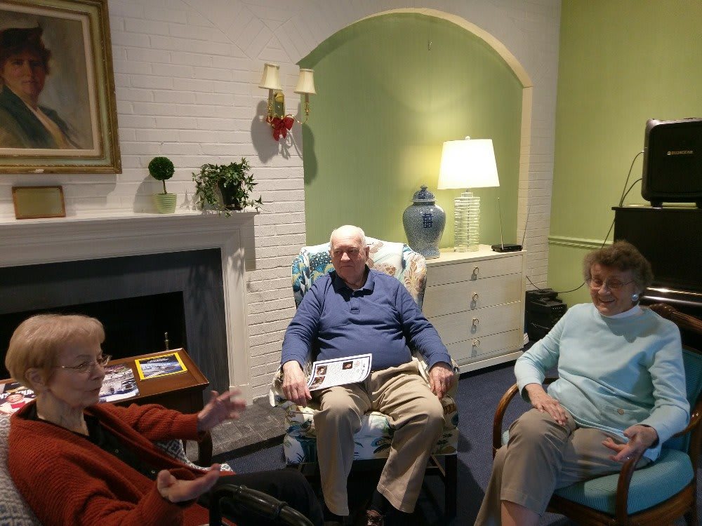 A group of elderly people sitting and conversing in a cozy living room.