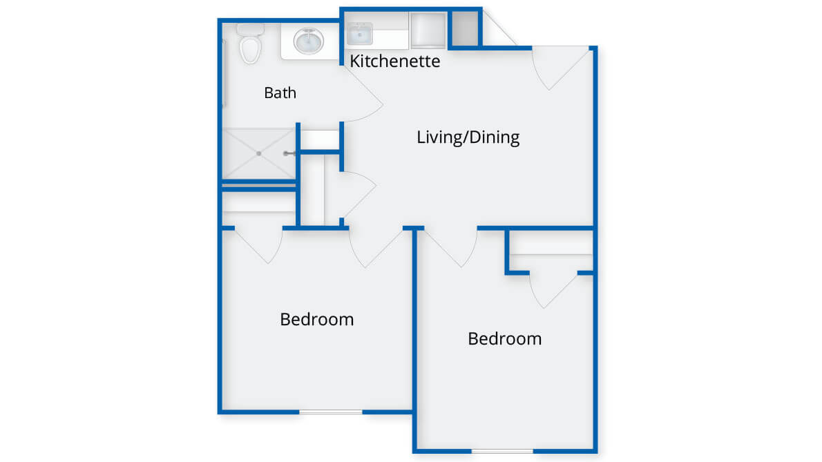 A floor plan layout of a two-bedroom apartment with a living/dining area, kitchenette, and bathroom.