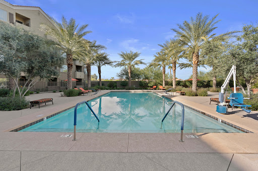 A serene swimming pool surrounded by palm trees at an apartment complex, perfect for relaxation.