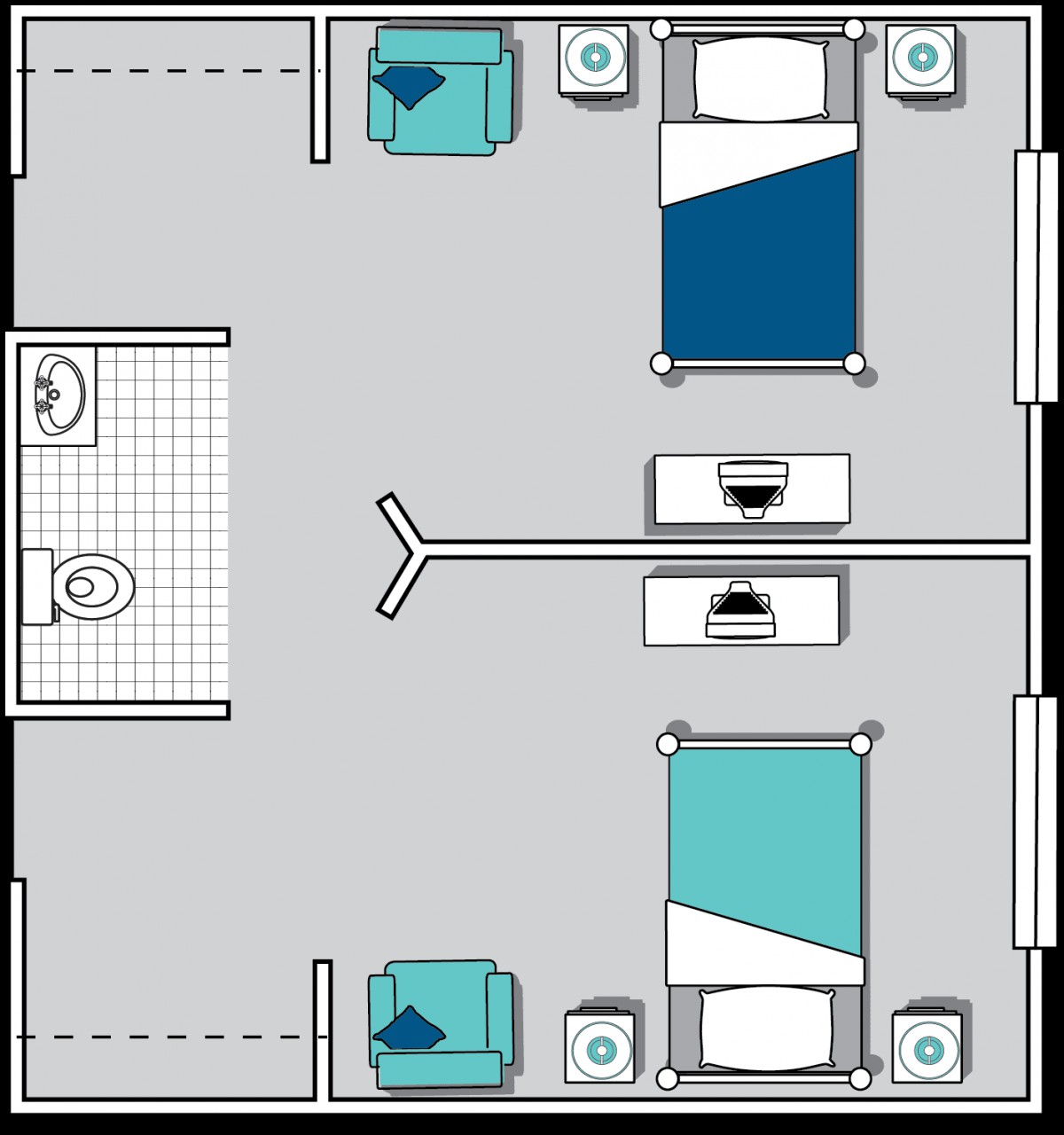 A floor plan of a double bedroom with an adjacent bathroom.