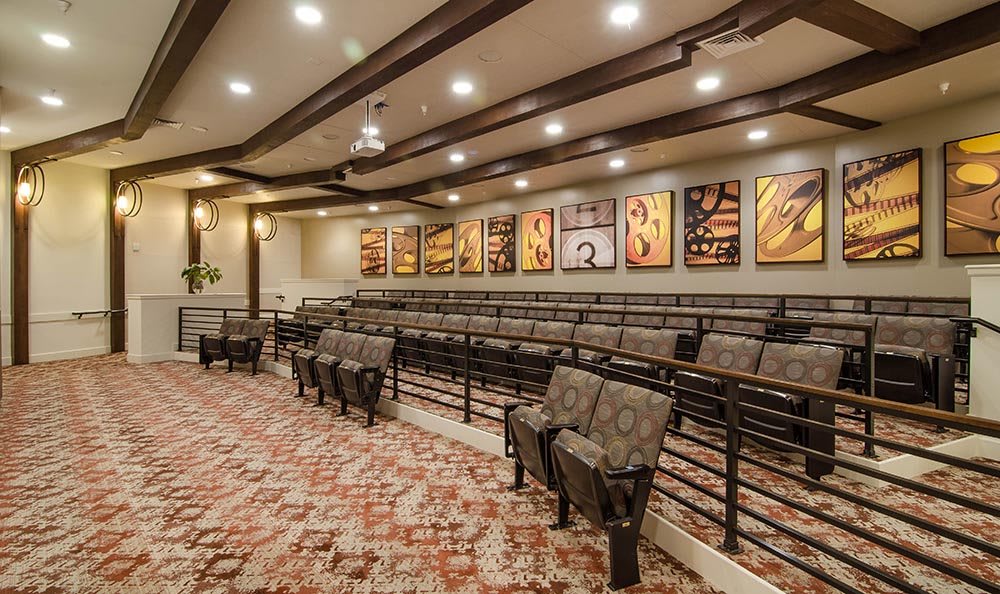 A modern theater with tiered seating and decorative artwork on the walls.