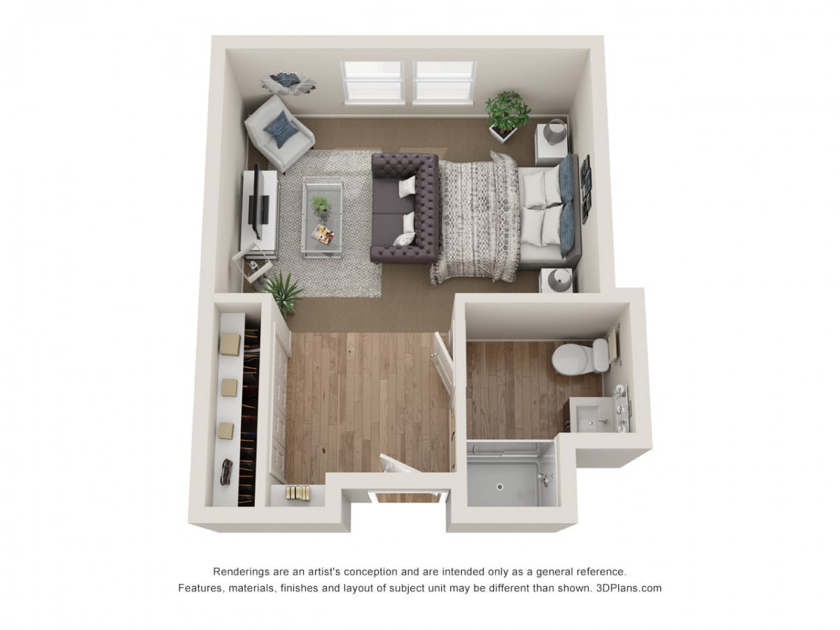 A 3D floor plan of a cozy apartment featuring a combined bedroom and living area, with an adjacent bathroom.