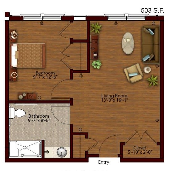 A detailed floor plan of a compact 503 sq. ft. apartment featuring a bedroom, bathroom, and combined living and kitchen area.