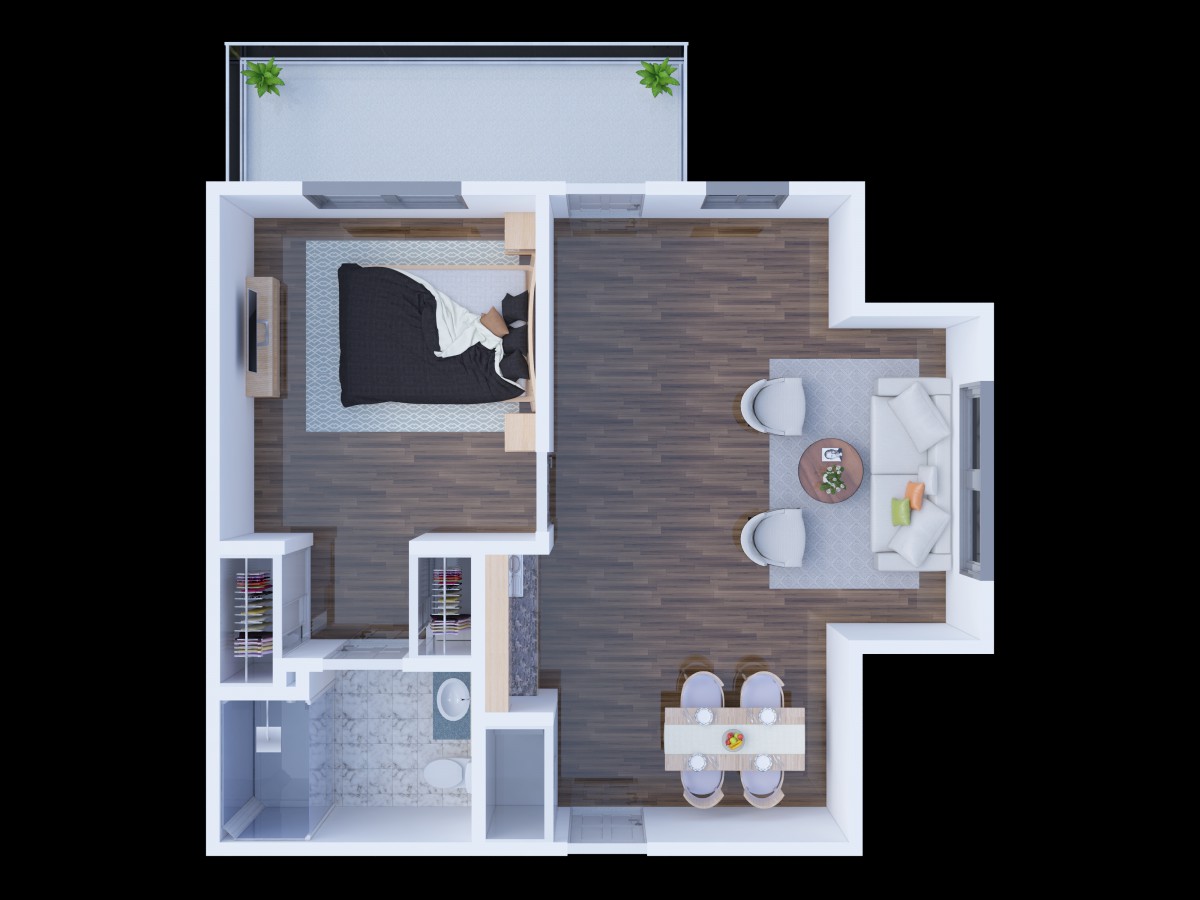 Modern one-bedroom apartment floor plan with open living and dining areas.
