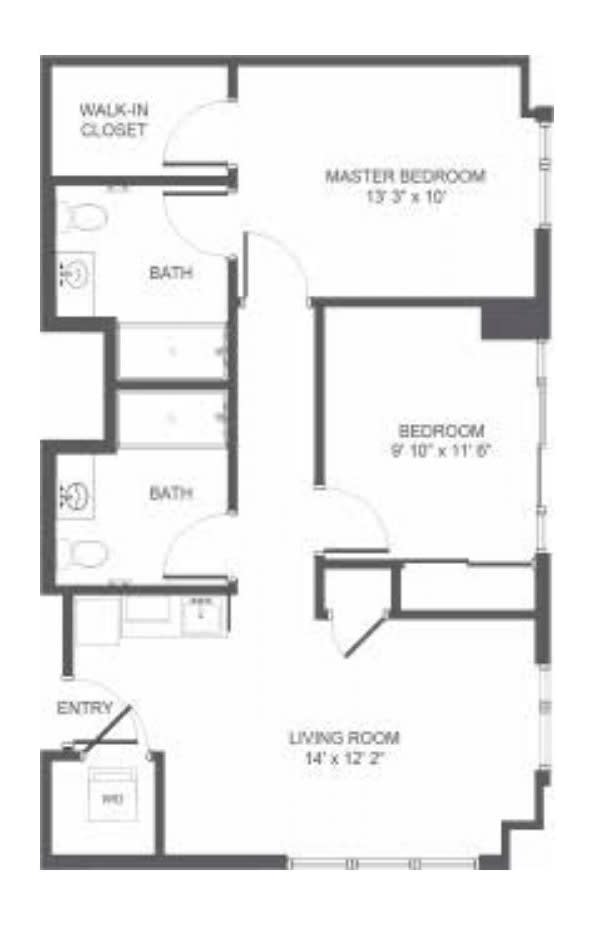 A floor plan of a two-bedroom apartment with two bathrooms and a living room.