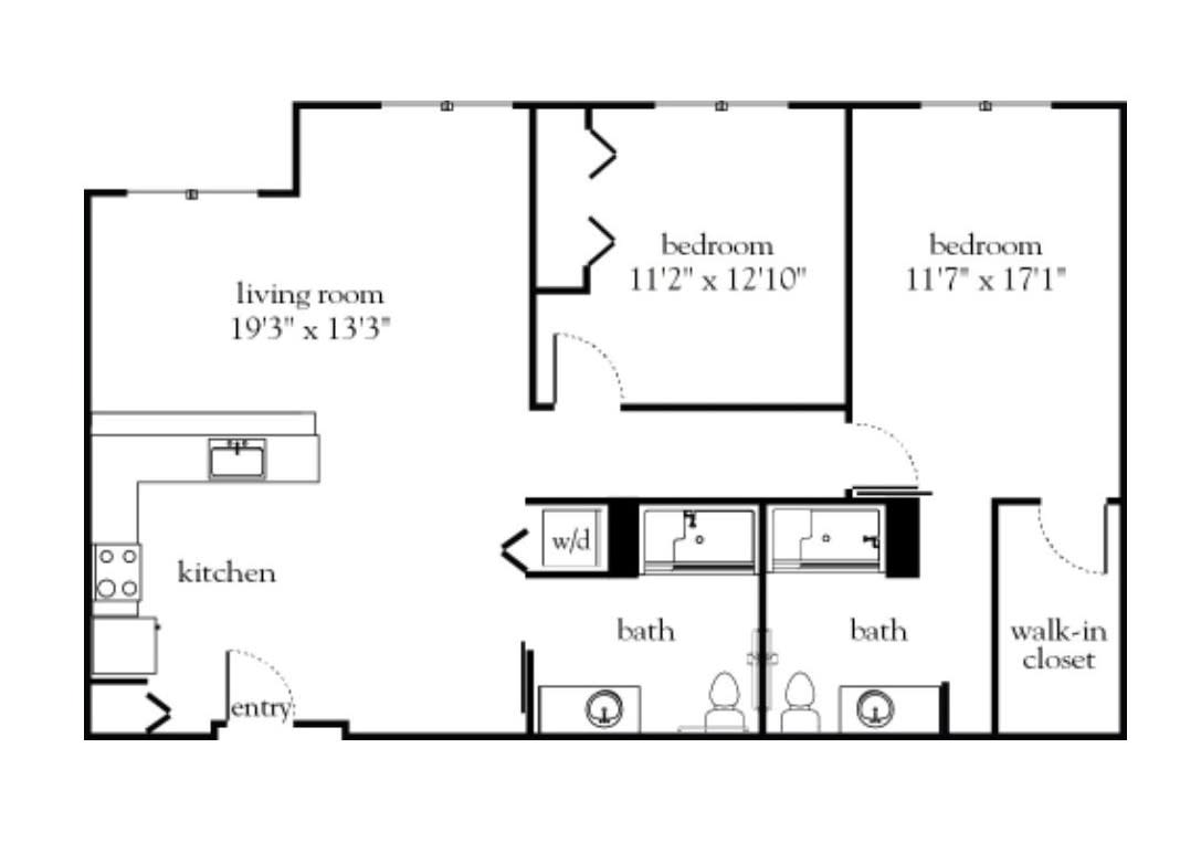 A floor plan of a two-bedroom apartment with a kitchen, living room, and two bathrooms.