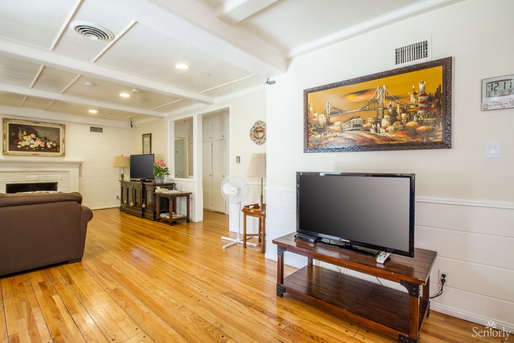 A contemporary living room with hardwood floors, a TV, and modern decor.